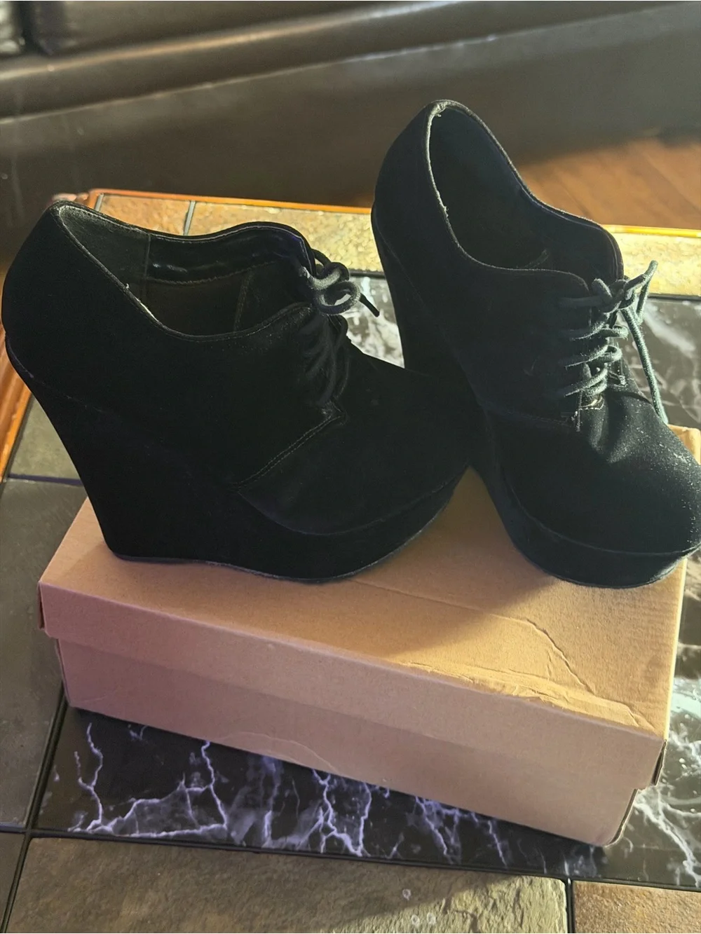 Women’s Black Suede Wedge Lace-Up Shoes